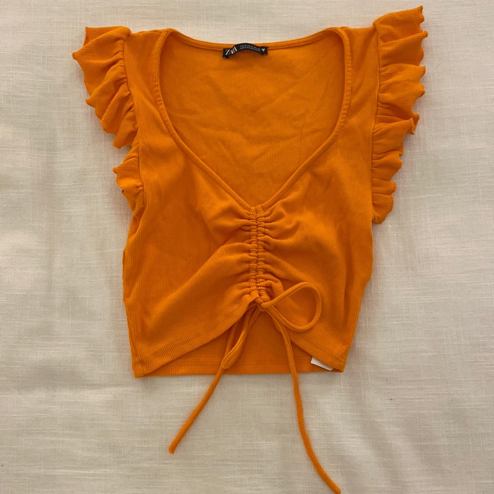 Zara Neon Orange Adjustable Tie Front Crop. Ruffle Sleeves